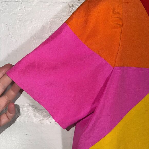 Vintage 80s Silk Colorblock Art Fashion Shift Dress Geometric Rainbow Size 8 - Picture 4 of 12